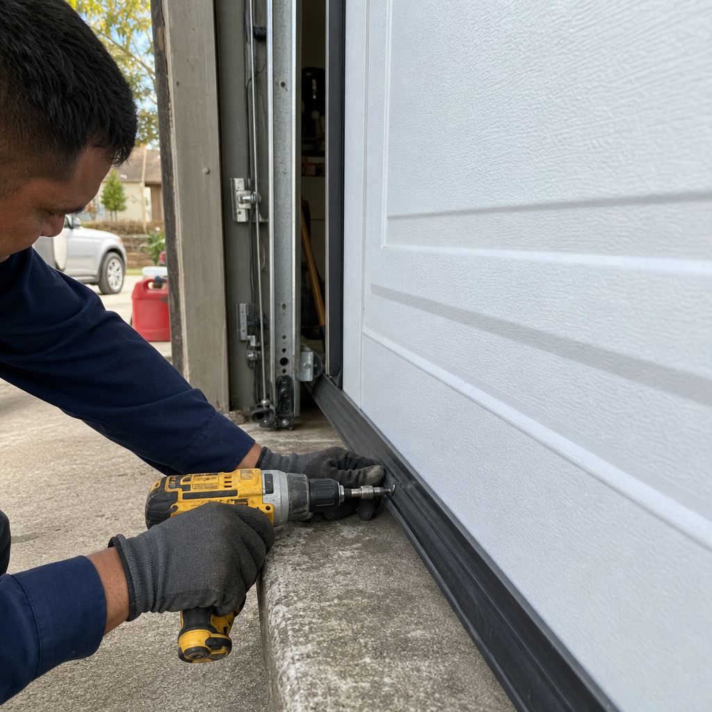 Technician installing garage door bottom seal with drill