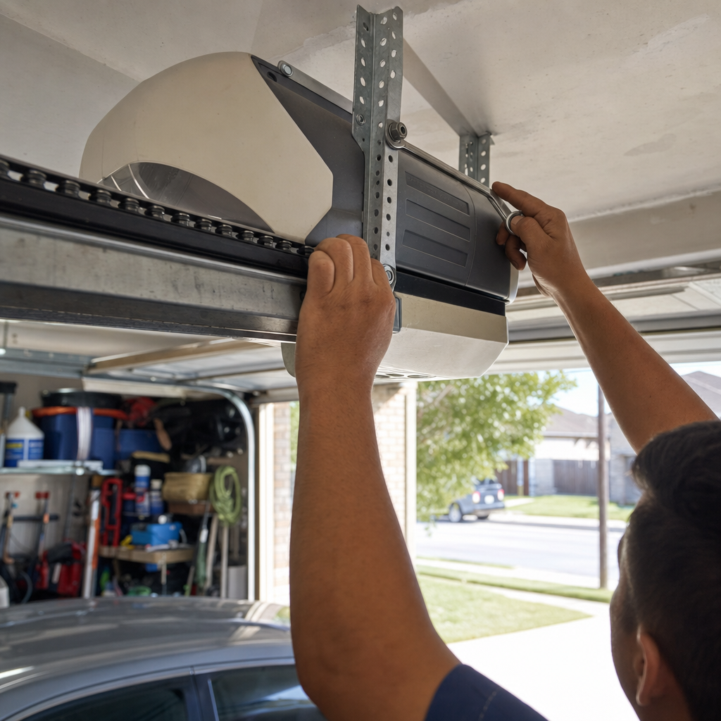 Professional installing garage door opener system