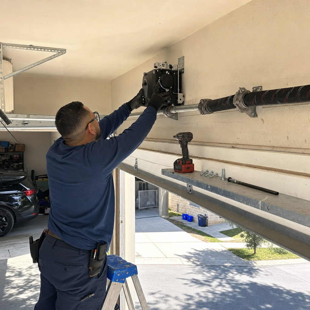 Technician installing garage door opener system with spring