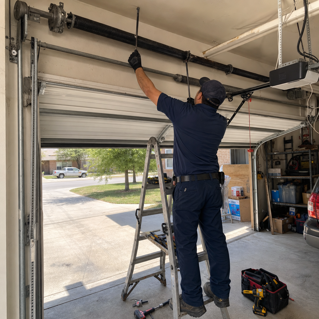 Garage door repair technician working on spring replacement on a ladder.