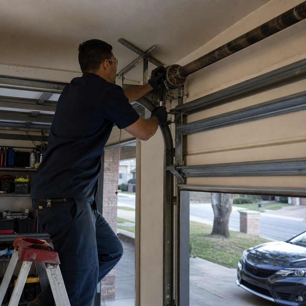 Garage door repair technician working on spring system in San Antonio, TX