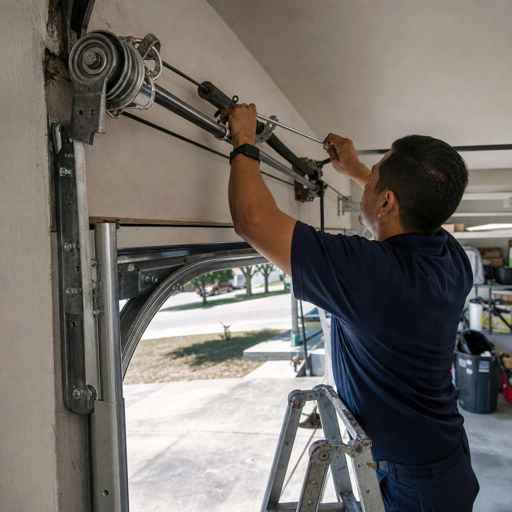 Garage door repair technician working on emergency repair in San Antonio, TX