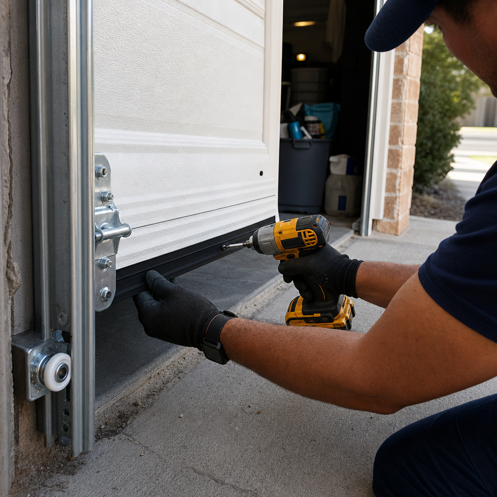Professional installing garage door bottom seal with a drill
