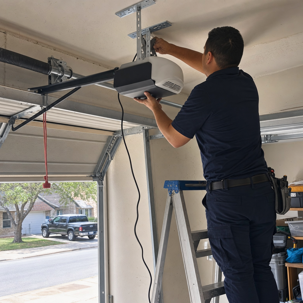 Technician installs garage door opener system on ceiling