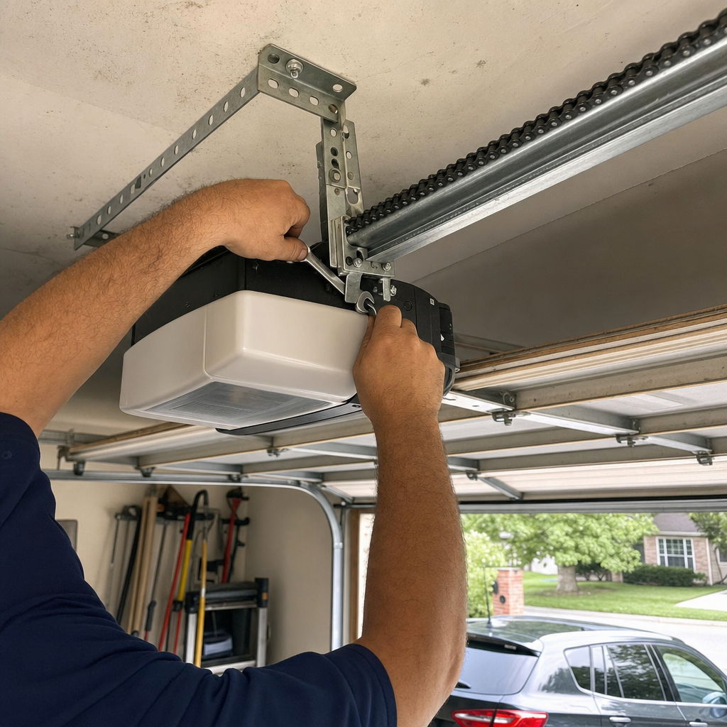 Professional installing a garage door opener