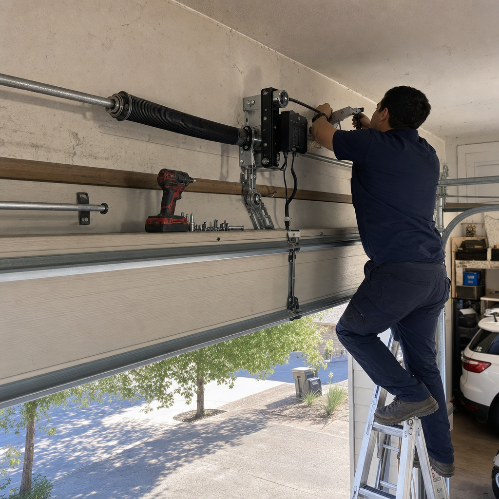 Technician installing garage door opener system with spring
