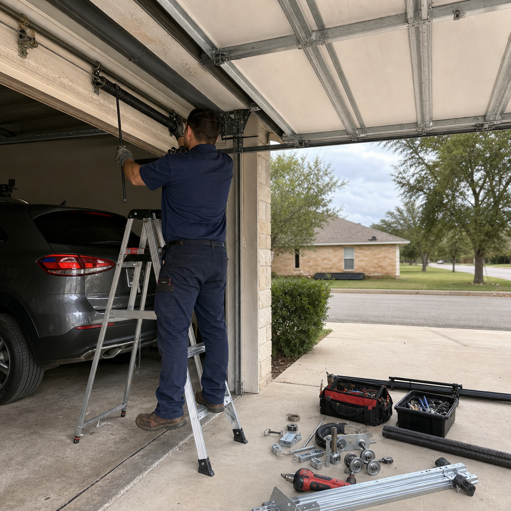 Technician working on garage door spring repair in Leon Valley, TX