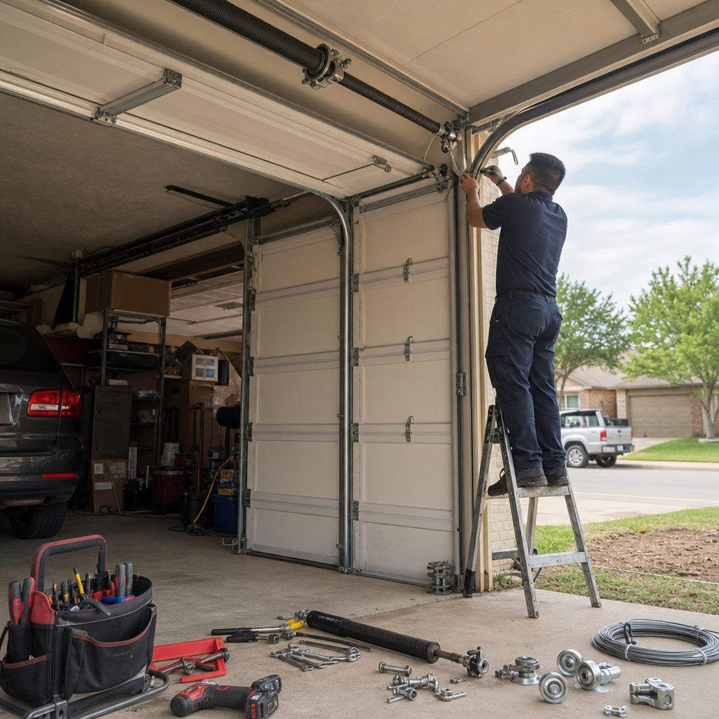Garage door technician installing torsion spring parts in San Antonio, TX