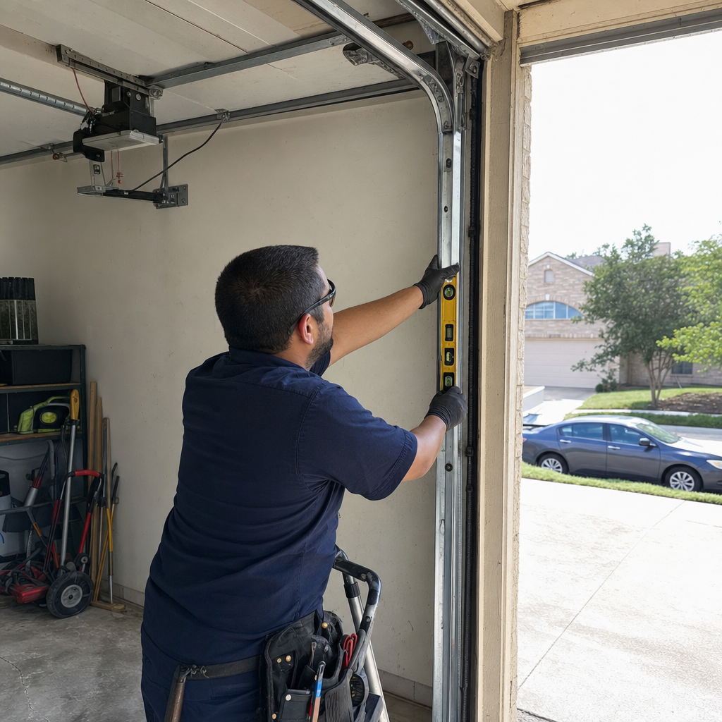 Garage door repairman uses level on vertical track.